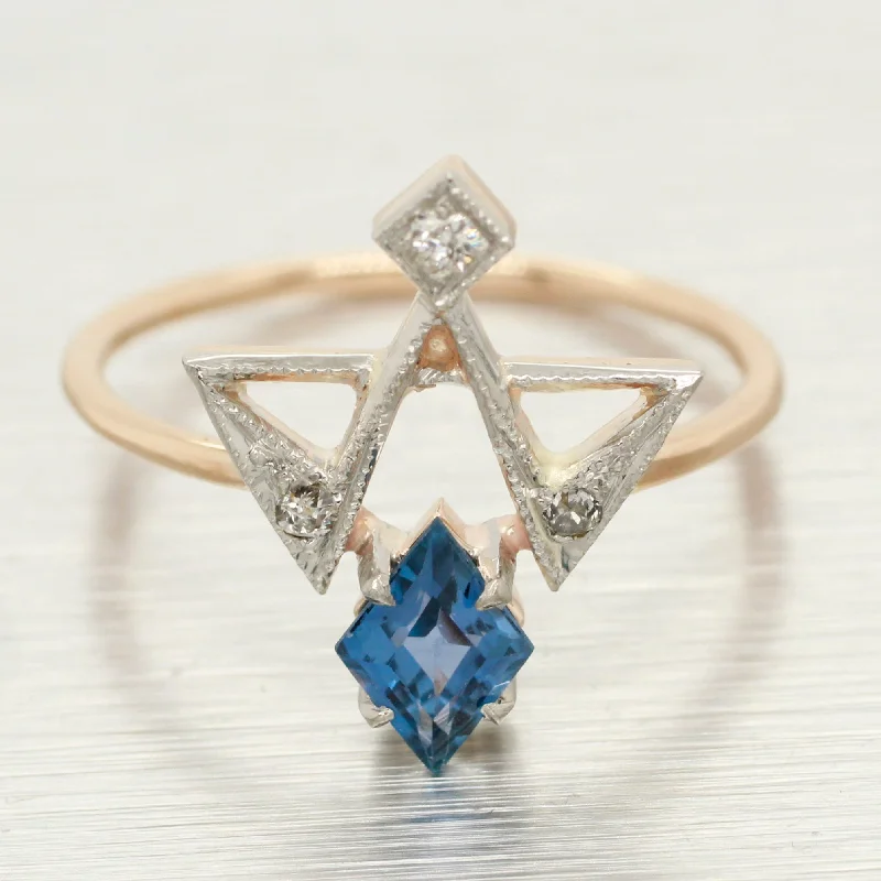 ladies engagement rings rose gold halo -Antique Art Deco Blue Topaz & Diamond Masonic Ring - 18k Yellow Gold