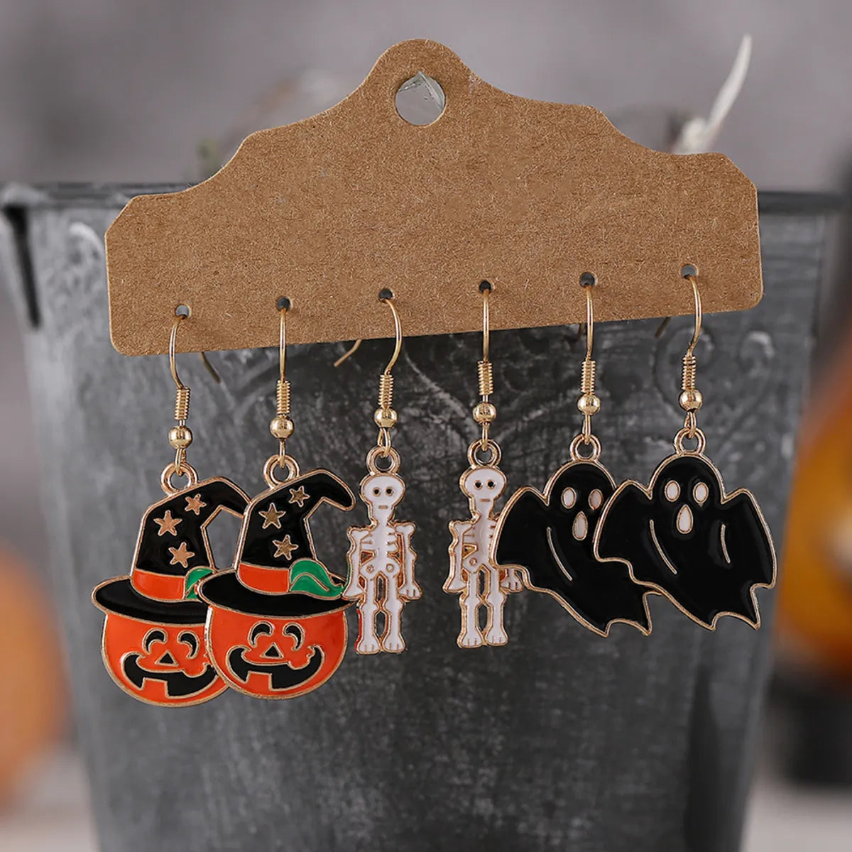 ladies earrings dainty subtle look -3 Pairs Cute Funny Pumpkin Skull Alloy Drop Earrings