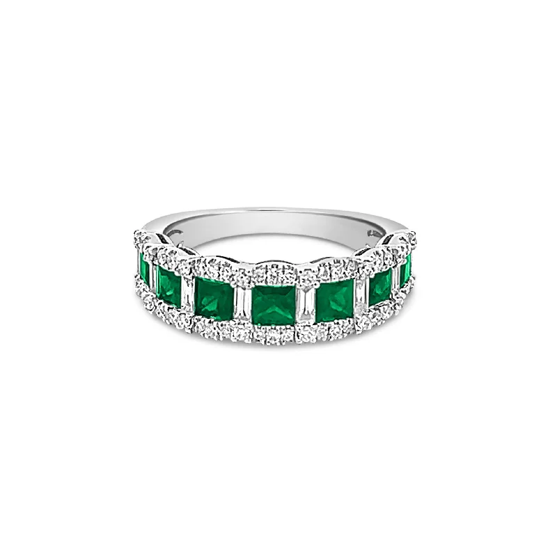 ladies engagement rings with onyx black -Square Emerald Band with Baguette and Round Diamonds