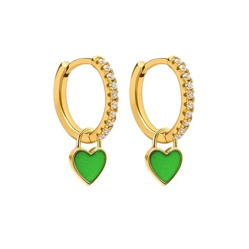 Love Heart Earrings/Yellow Gold/Green