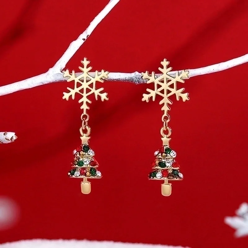 ladies earrings for birthday surprise -Fashion Christmas Tree Snowman Snowflake Alloy Enamel Rhinestones Women's Drop Earrings Ear Studs 1 Pair