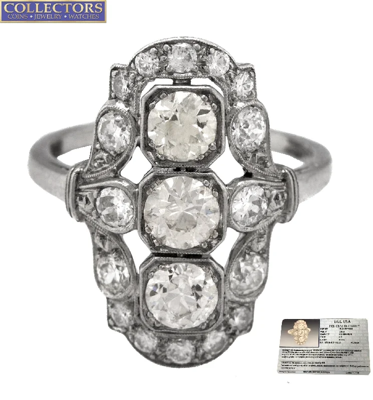 ladies engagement rings with colored gems -Antique Art Deco Platinum 1.30 CT G-H Old European Cut Diamond Cocktail Ring EGL