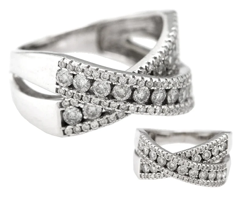 ladies engagement rings with milgrain edge -Exquisite Ladies 14K White Gold 1.76ctw Diamond Crossover "X" Cocktail Ring