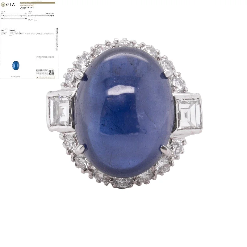 ladies engagement rings boho chic vibe -GIA Sri Lankan Oval Cabochon Sapphire & Diamond Halo 14k White Gold Ring 1.50ctw