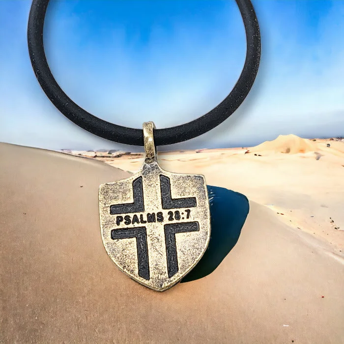 necklaces for gifting ideas -Psalms 28:7 Shield Antique Brass Pendant Black Cord Necklace