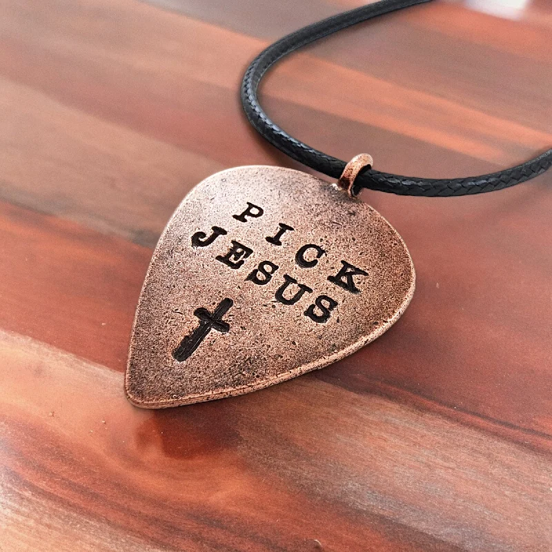 necklaces for special occasions -Guitar Pick Jesus Cross Antique Copper Finish Pendant Black Cord Necklace