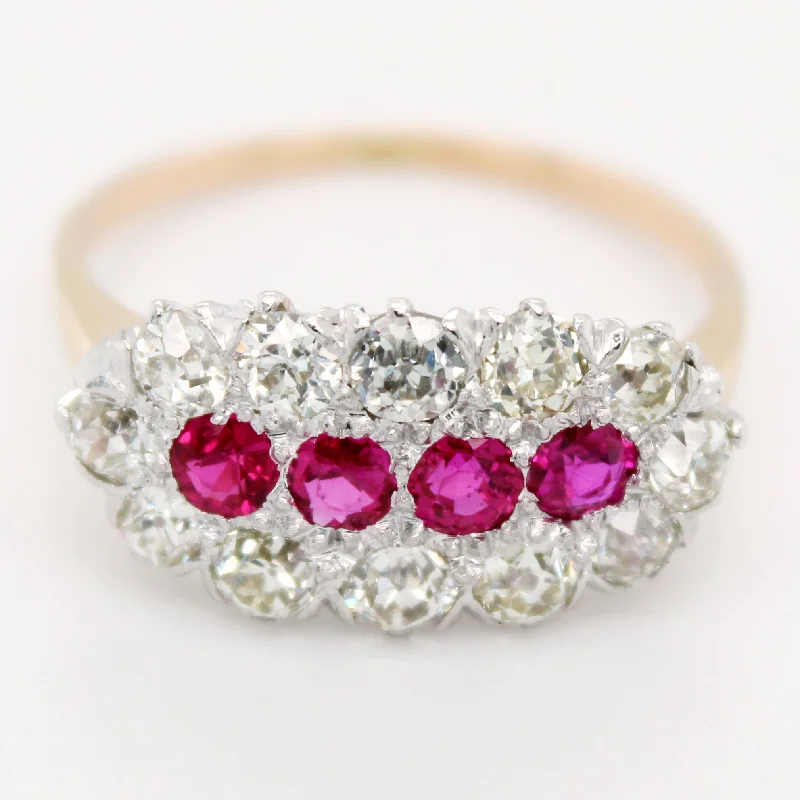 ladies engagement rings with milgrain edge -Vintage 0.45ctw Four Pink Rubies & Diamond Halo Band Ring in 14k Yellow Gold