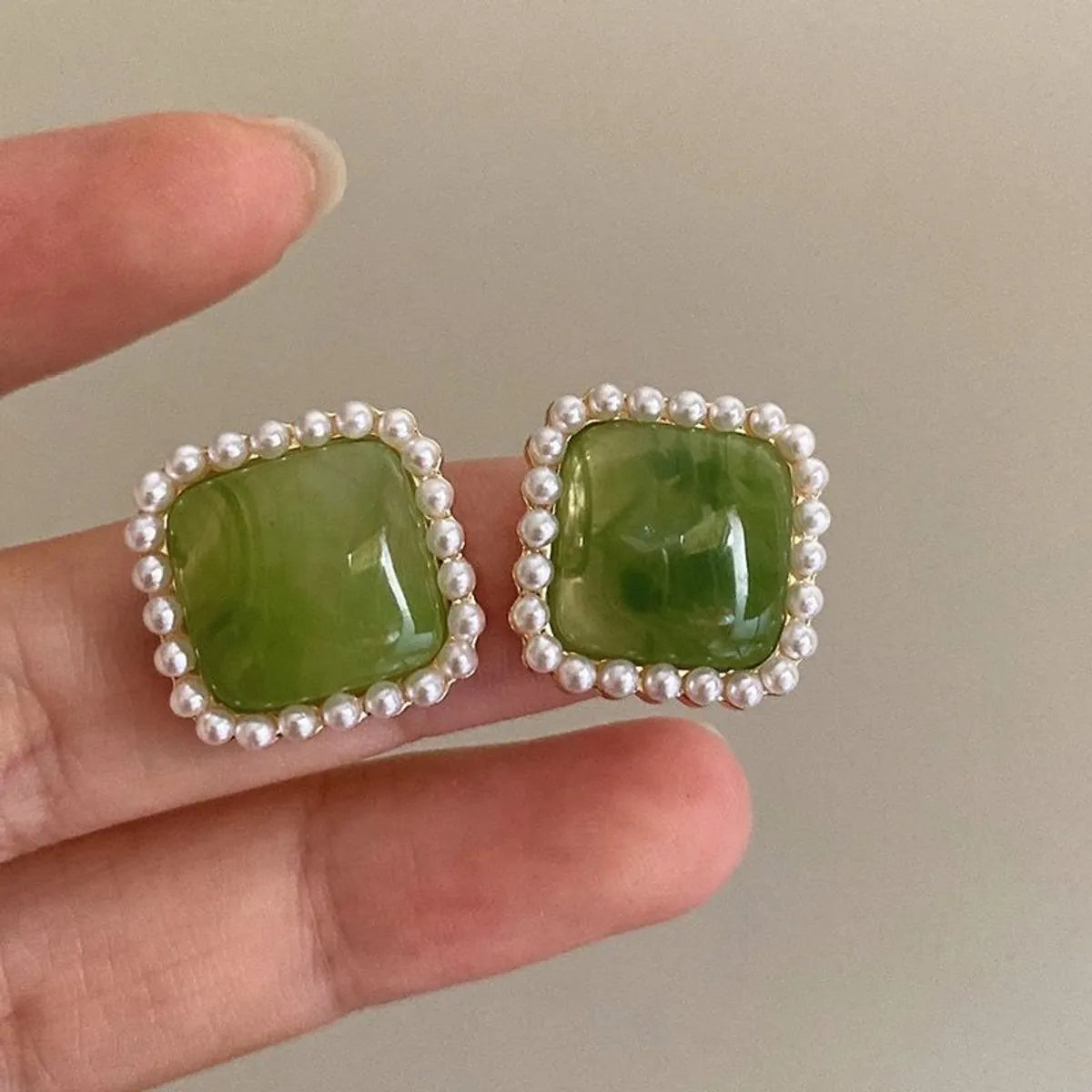 Green Square Pearl Stud Earrings