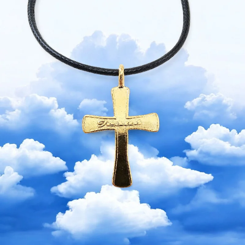 necklaces small pendant charm -Jesus Cross Gold Metal Finish Black Cord Necklace