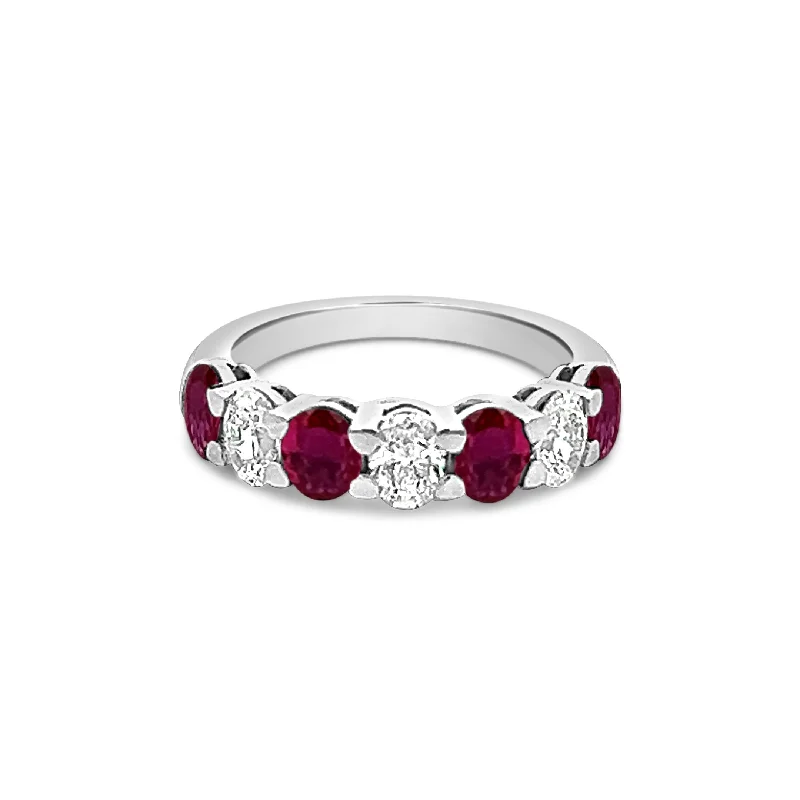 ladies engagement rings timeless beauty -Seven Stone Oval Ruby and Diamond Band