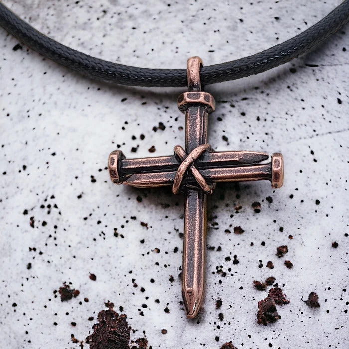 necklaces with aquamarine stone -Antique Nail Cross Necklace In Copper