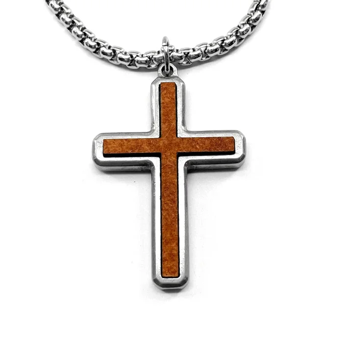 necklaces with moon charm -Cross Wood Inlay Antique Silver Pendant Stainless Steel Box Chain Necklace