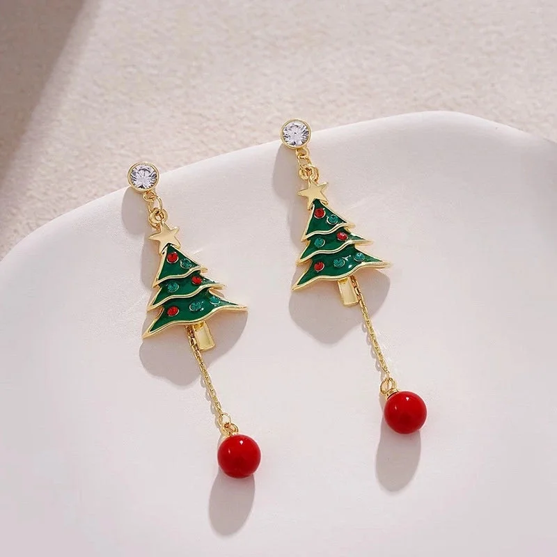 Silver Needle: White Diamond Stud Earrings Green Christmas Tree Red Bead Tassel Earrings