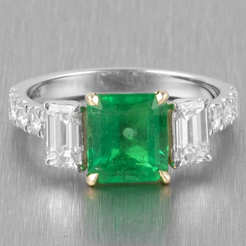 ladies engagement rings with milgrain edge -GIA Certified Columbian Emerald & Diamond 18k White Gold Ring 3.47tcw