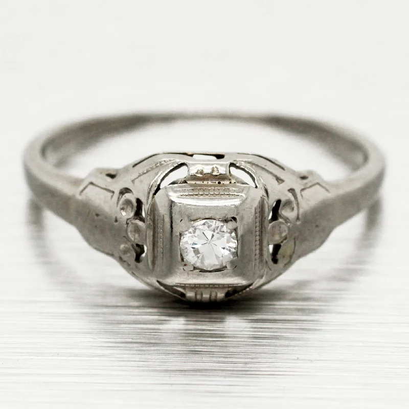 ladies engagement rings romantic gesture -Antique Art Deco 0.10ct Solitaire Diamond Filigree Ring - 18k White Gold