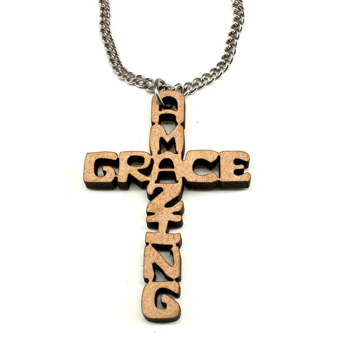 necklaces with turquoise stone -Cross Wood Amazing Grace Pendant Stainless Steel Chain Necklace