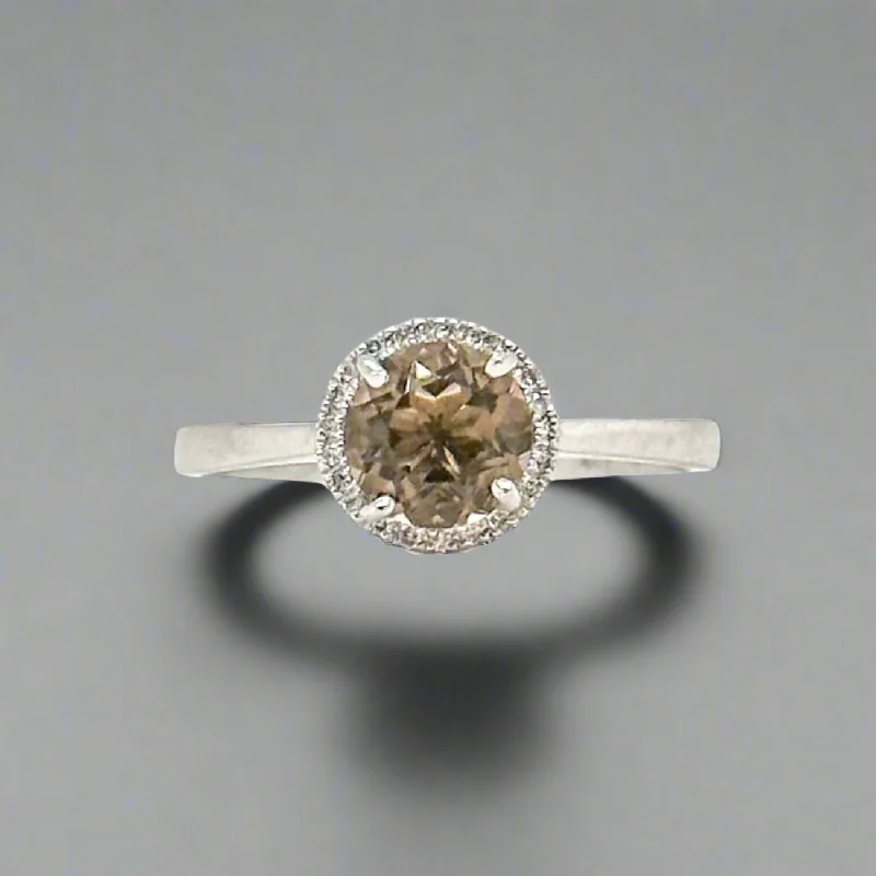 ladies engagement rings with side stones -14K W Gold 0.91ct Smoky Quartz & Diamond Halo Ring