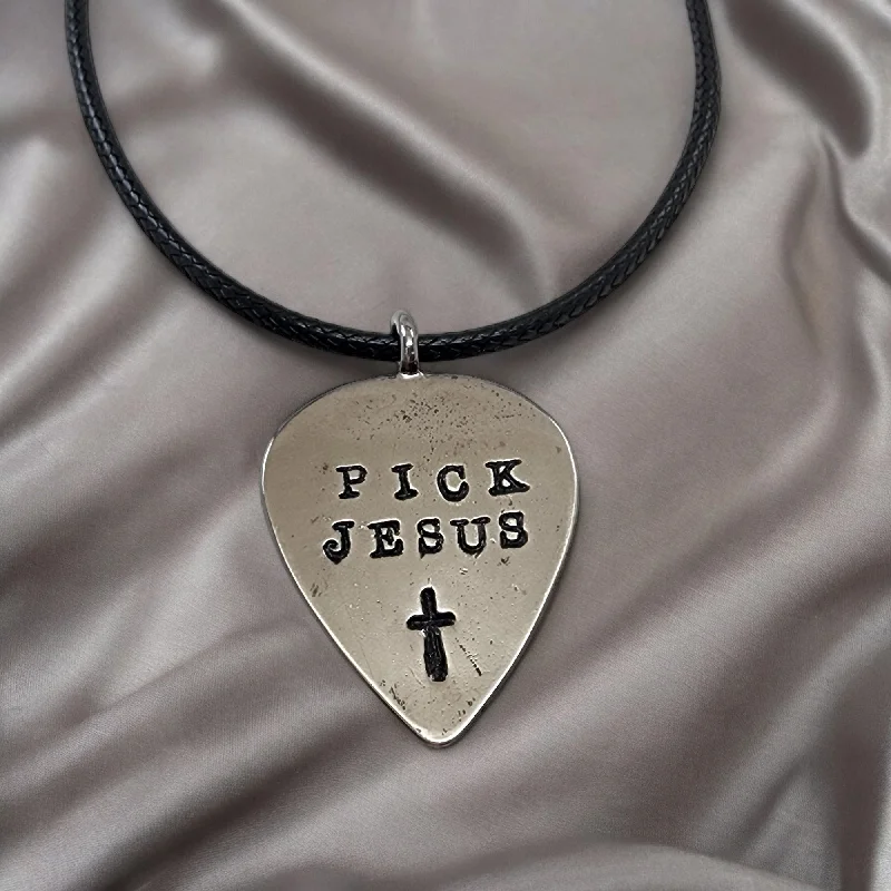 necklaces for fashion lovers -Guitar Pick Jesus Cross Dark Metal Finish Pendant Black Cord Necklace