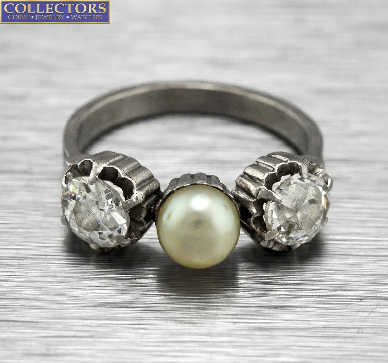 ladies engagement rings affordable price -Ladies Antique Estate 14K White Gold 1 CT Old Mine Diamond Pearl Cocktail Ring