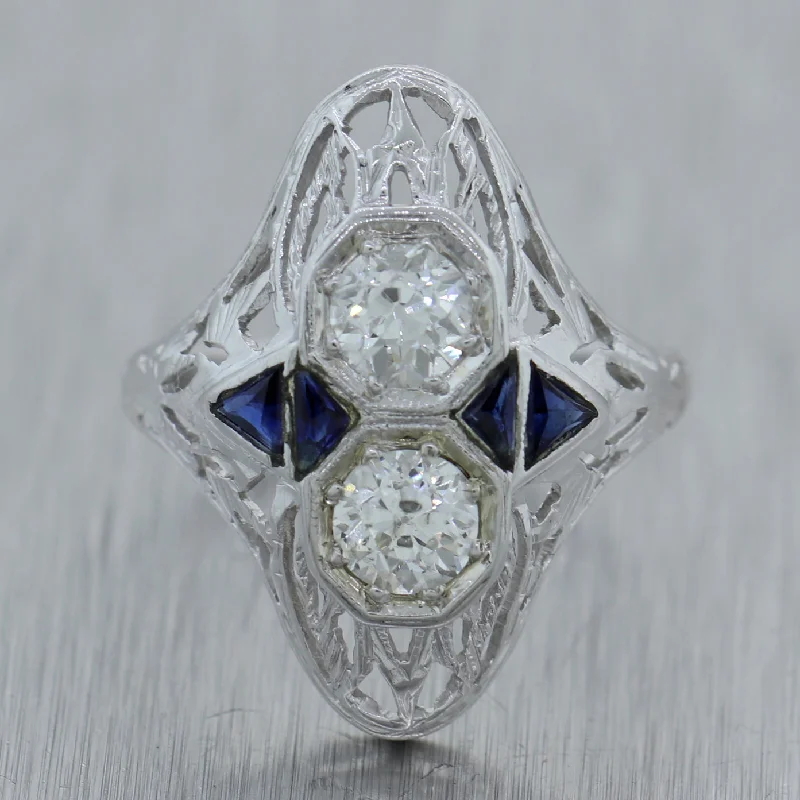 ladies engagement rings for daily wear -1930s Antique Art Deco 18k White Gold 0.42ctw Diamond Sapphire Filigree Ring