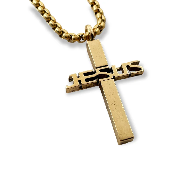 necklaces for prom night -Jesus Cross Gold Finish Pendant Gold Heavy Chain Necklace