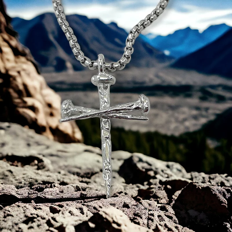 necklaces with emerald green -Rugged Antique Nail Cross Necklace Rhodium Silver Finish Heavy Chain