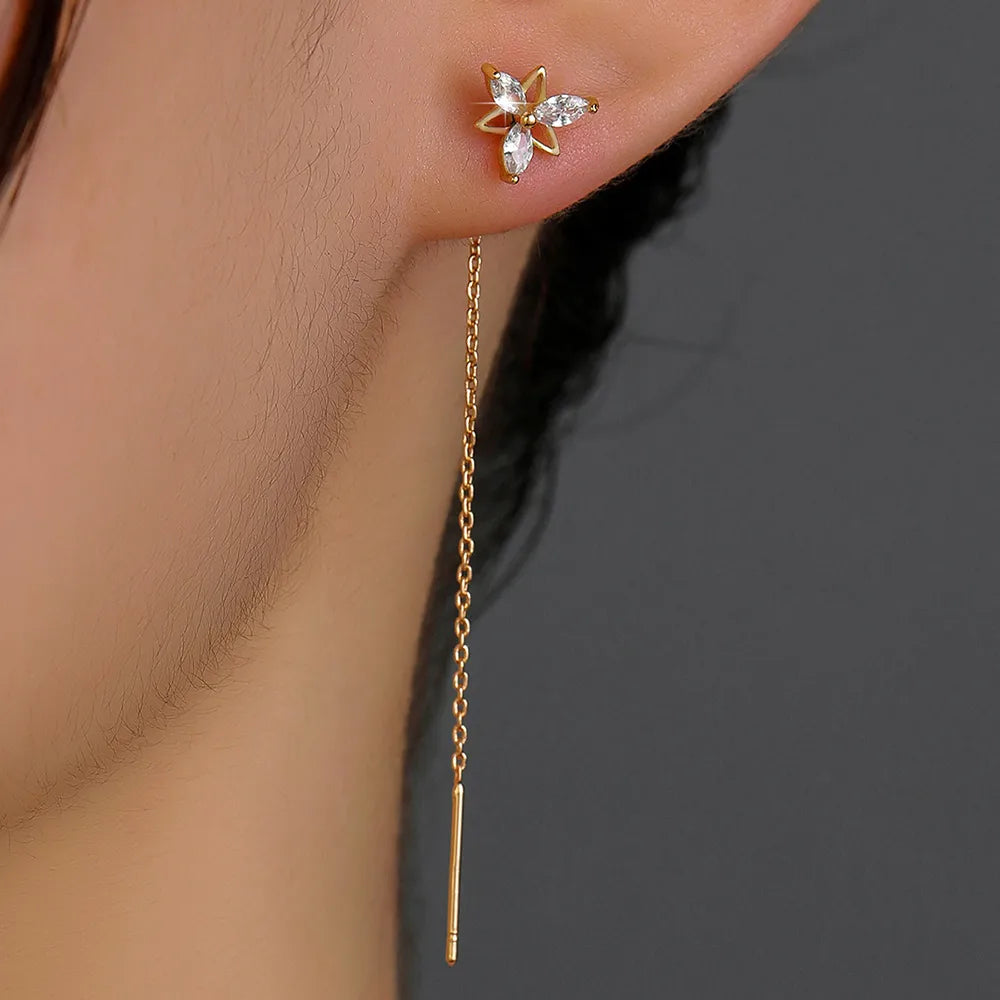 ladies earrings for gifting ideas -New Fashion Flower Shape Copper Inlaid Zircon Tassel Pierced Earrings