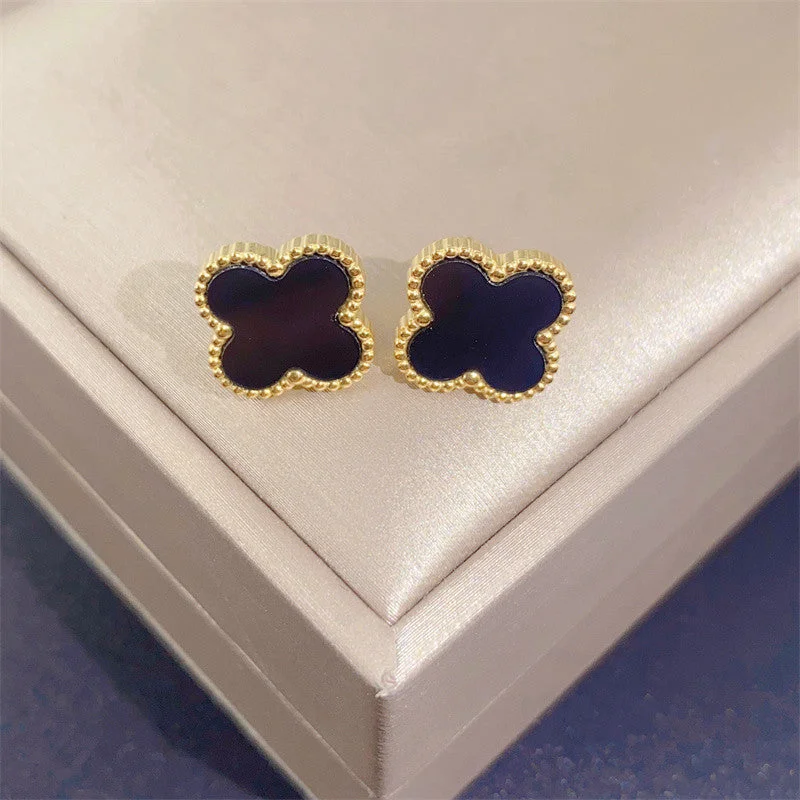 6607 Gold Black Clover Earrings