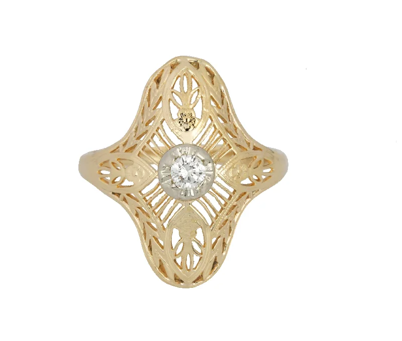 ladies engagement rings timeless beauty -Womens Antique Art Deco 14K Yellow Gold 0.10 CT Solitaire Diamond Filigree Ring