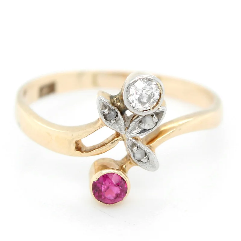 ladies engagement rings floral inspired -Antique Art Deco 14k Yellow Gold 0.10ct Ruby & Diamond Statement Ring