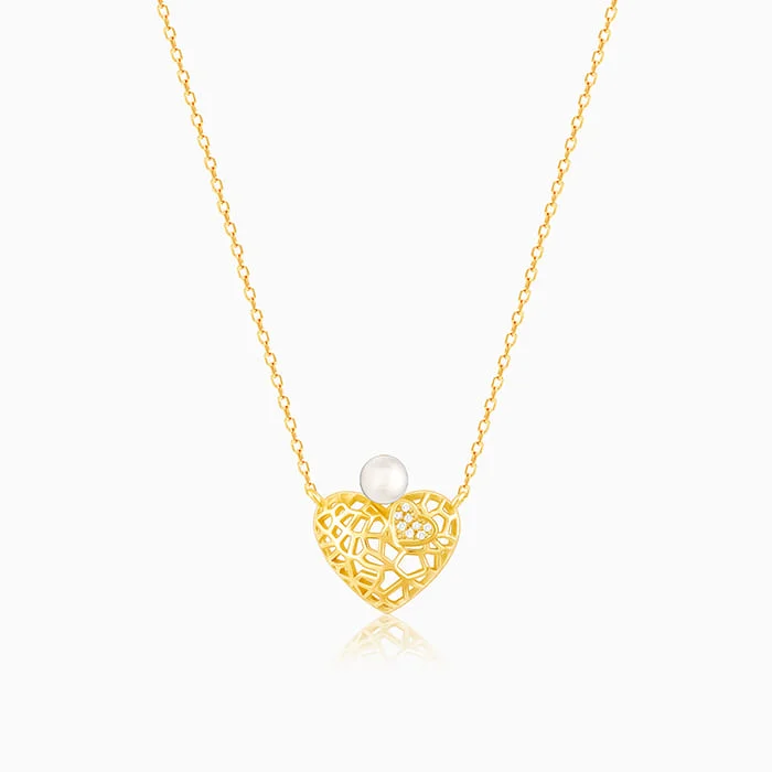 necklaces for evening wear -Golden Filigree Pearl Heart Necklace