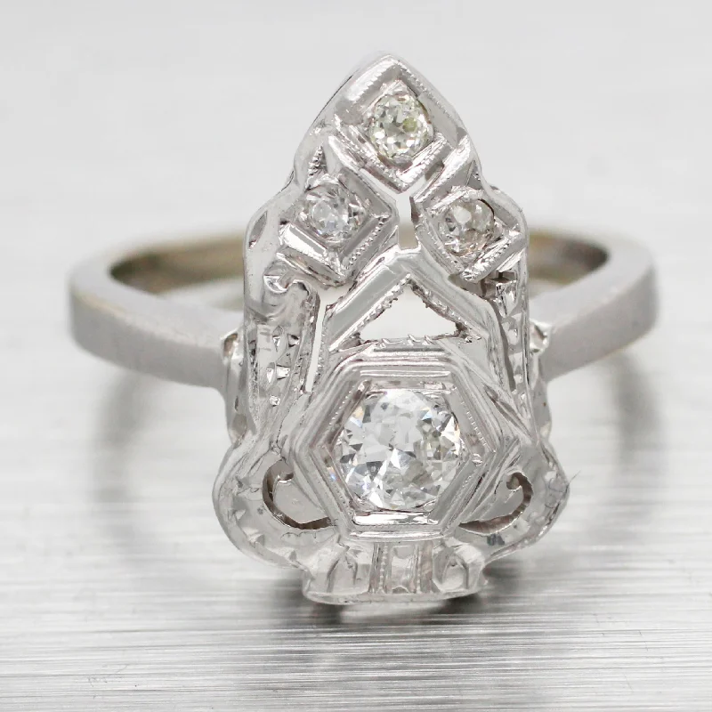 ladies engagement rings unique custom craft -Antique Art Deco Diamond Cocktail Ring - 14k White Gold Pear Shape Setting