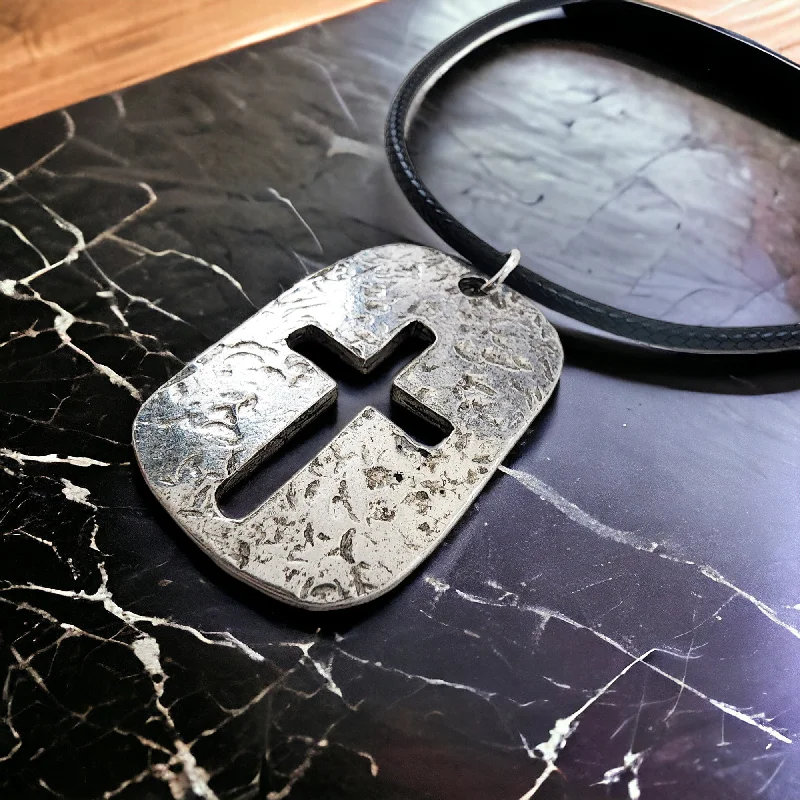 necklaces stylish affordable -Cross Tag Hammered Antique Silver Metal Finish Black Cord Necklace