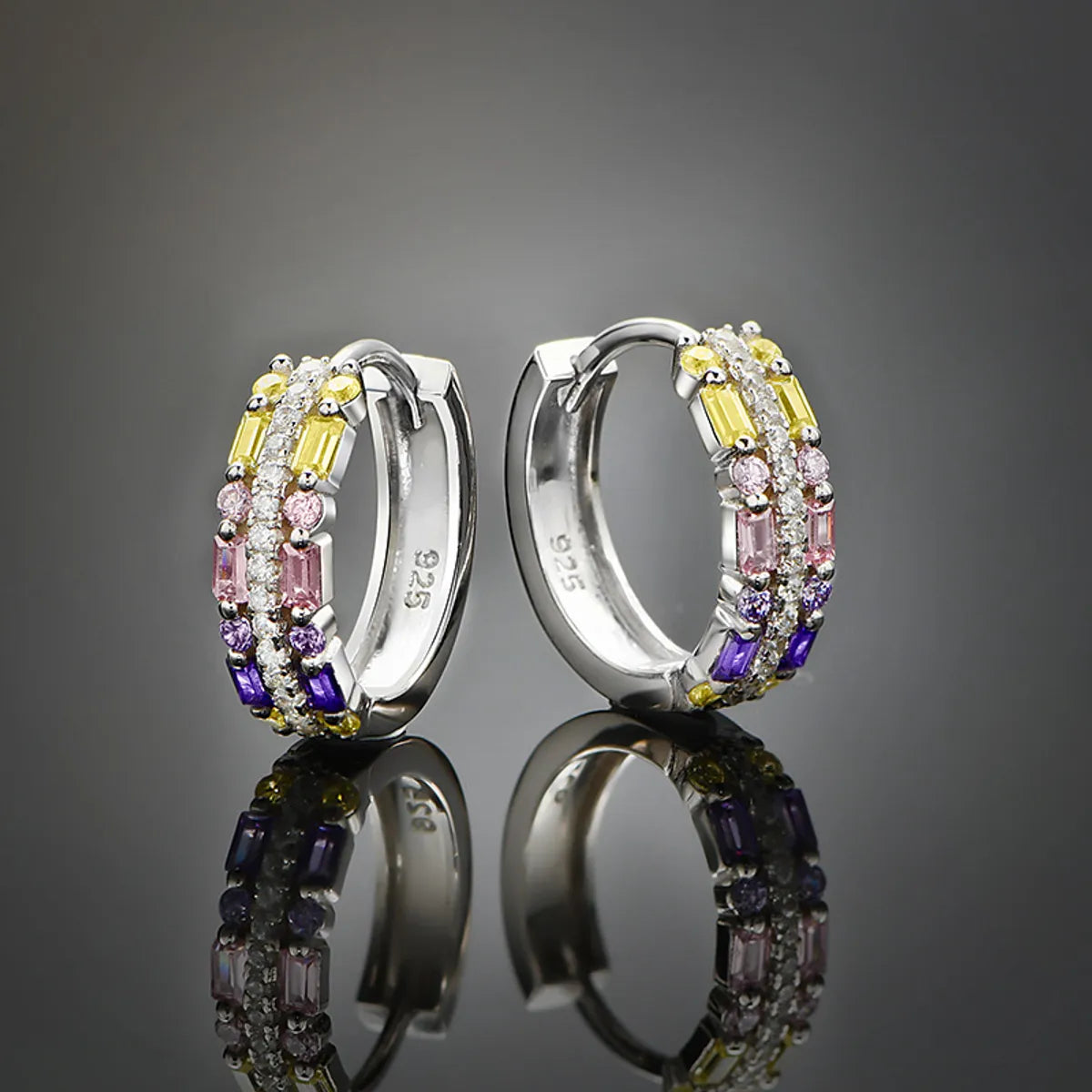 ladies earrings delicate thin design -Fashion Color Block Sterling Silver Inlaid Zircon Hoop Earrings 1 Pair