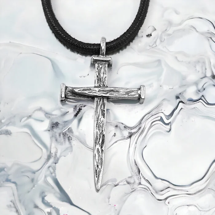 necklaces with geometric shape -Nail Cross Large Rugged Antique Silver Finish Pendant Black Cord Necklace