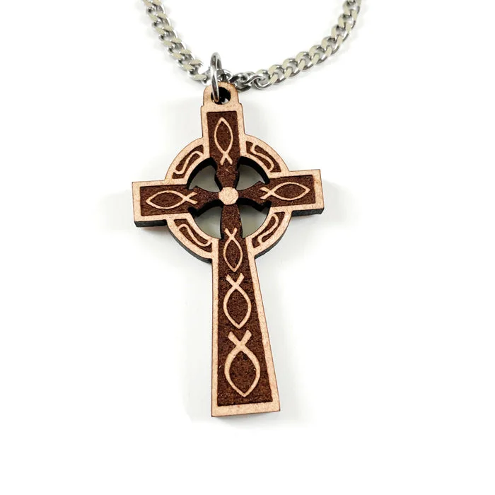 necklaces adjustable length fit -Celtic Wood Cross Pendant Stainless Steel Chain Necklace