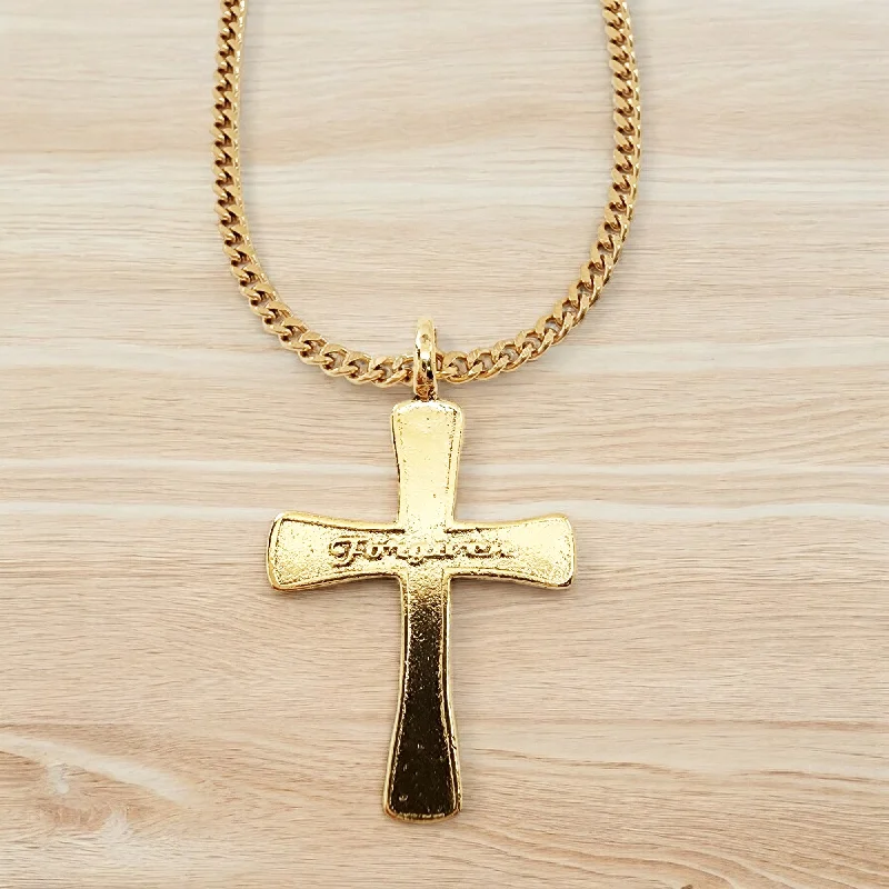 necklaces with green emerald -Forgiven Cross Gold Metal Finish Gold Curb Chain Necklace