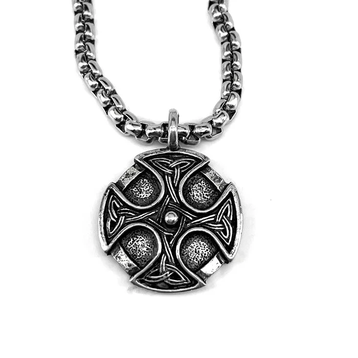 necklaces with teal turquoise -Celtic Cross Trinity Shield Pendant Heavy Stainless Steel Chain Necklace