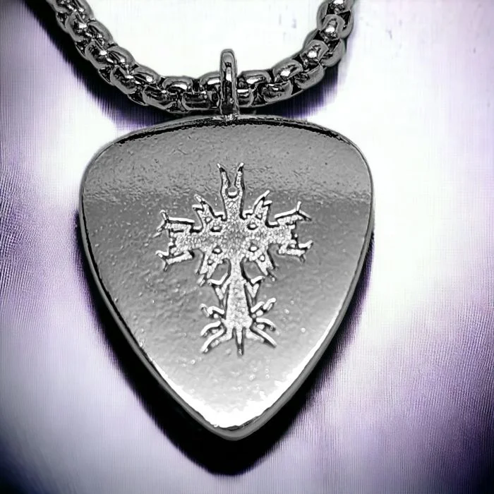 necklaces with pink tourmaline -Cross Guitar Pick Rhodium Metal Finish Pendant Heavy Box Chain Necklace