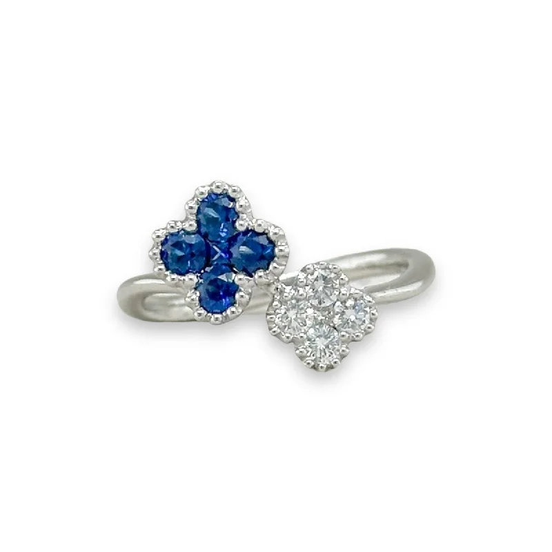 ladies engagement rings with lab grown stone -18K W Gold 1.10ctw Sapphire & 0.21ctw G/SI1 Diamond Double Clover Band