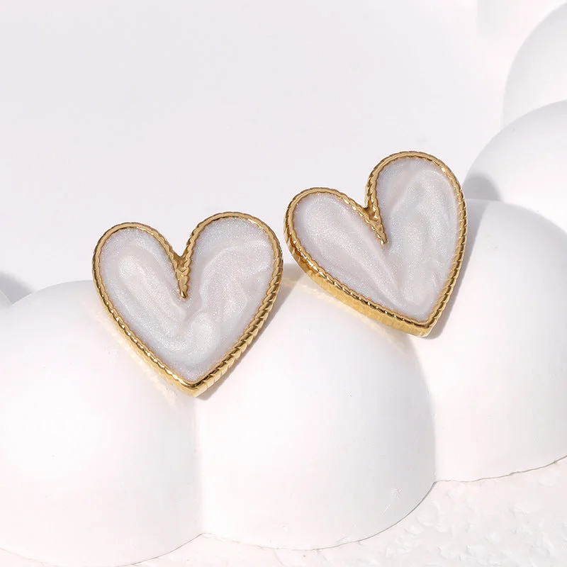 ladies earrings heart shaped design -Cute Heart Stainless Steel Electroplating Stud Earrings