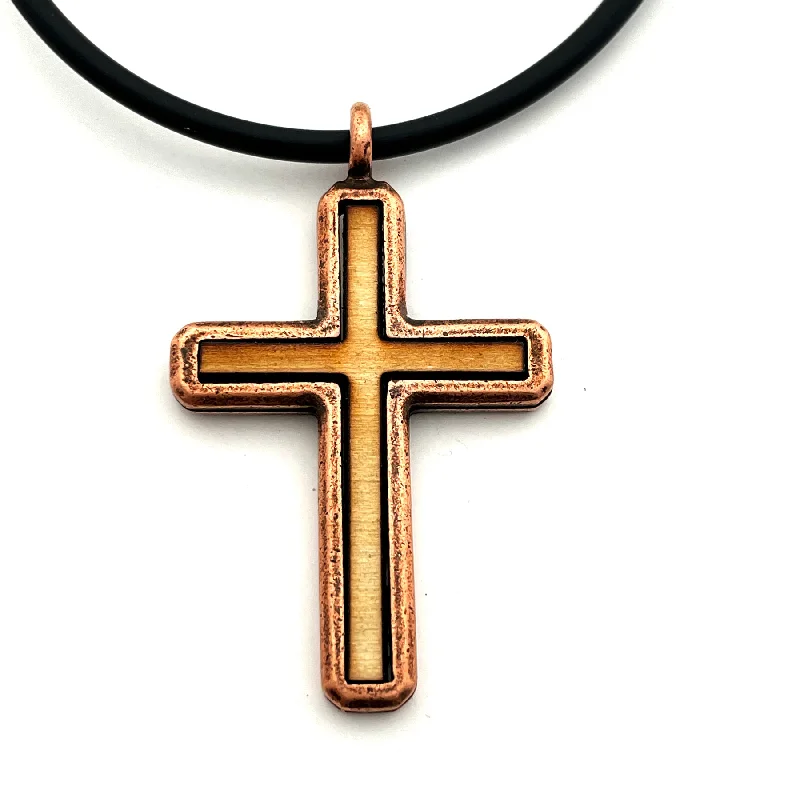 necklaces with star pendant -Cross Wood Inlay Antique Copper Pendant Necklace