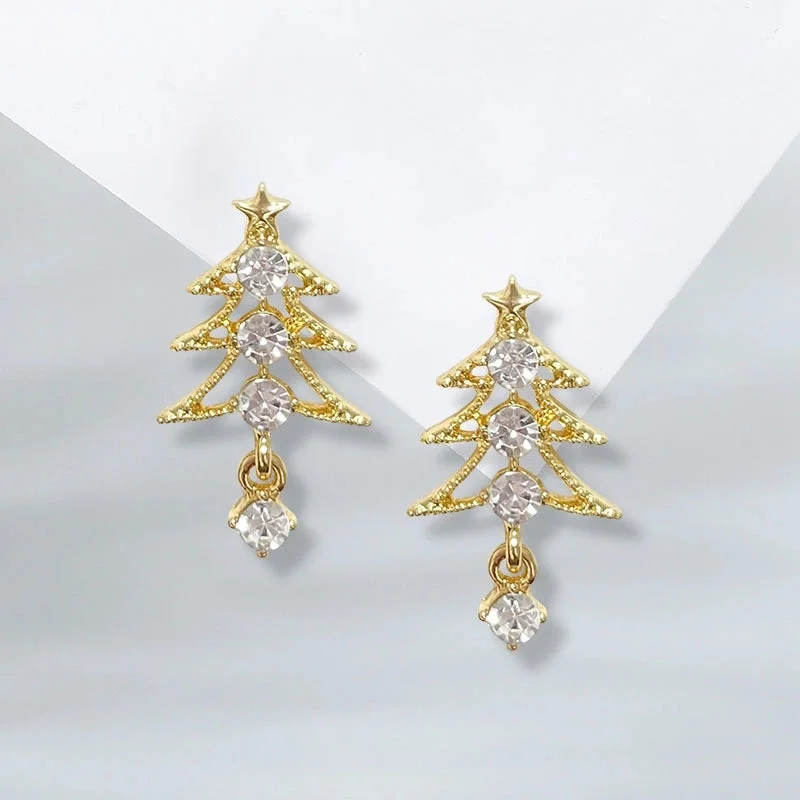 Silver Needle: White Diamond Hollow Christmas Tree Earrings