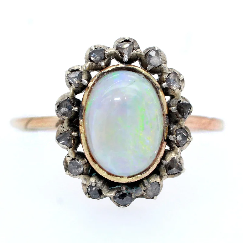 ladies engagement rings heart shaped romance -Antique Art Nouveau 0.75ct Precious Opal & Diamond Pin Conversion Ring 14k Gold