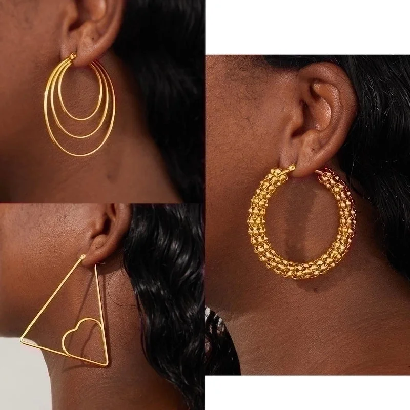 ladies earrings for casual wear -1 Pair Exaggerated Fashion Triangle Round Plating Stainless Steel 18k Gold Plated Hoop Earrings