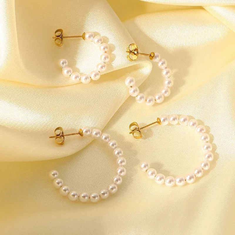 ladies earrings with white pearls -Fashion 18k Gold Stainless Steel C-shaped Pearl Hoop Earrings