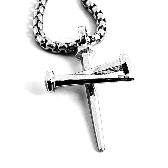 necklaces bold statement piece -Nail Cross Pendant Necklace Rhodium Silver Finish Heavy Chain