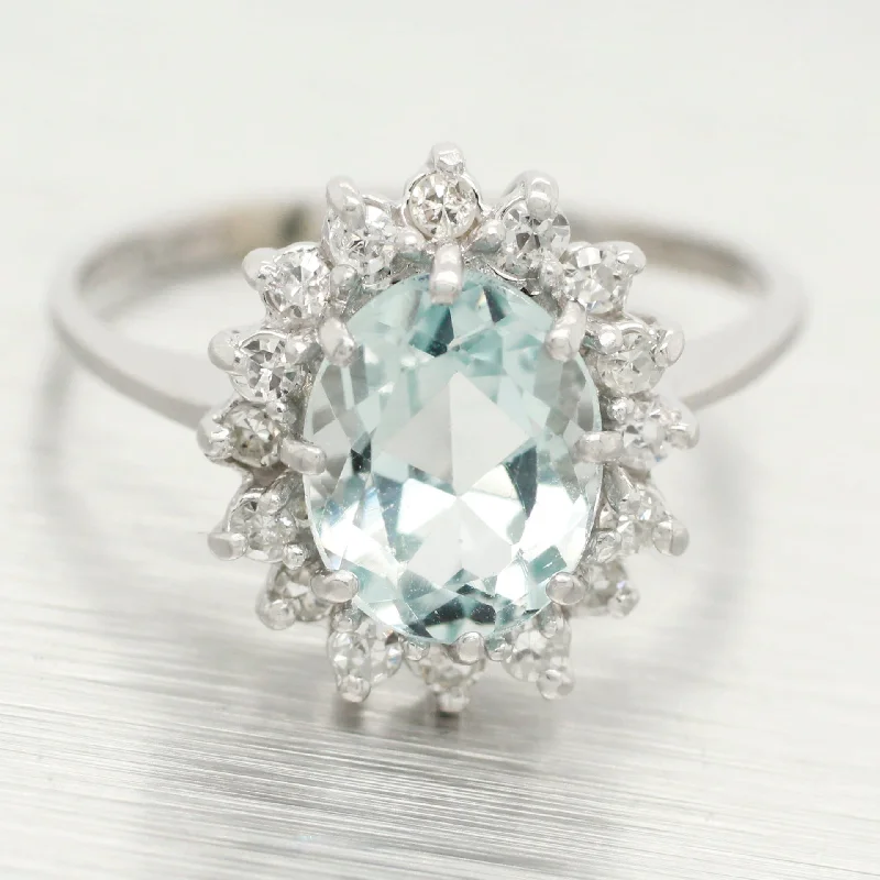 ladies engagement rings blue sapphire elegance -Vintage Aquamarine & Diamond Halo Cocktail Ring - 14k White Gold - Size 7.25