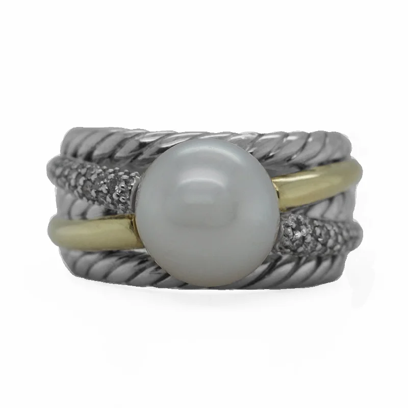 ladies engagement rings timeless classic -David Yurman Sterling Silver 13.3g 18k Yellow Gold  0.44ct Diamond Pearl Ring