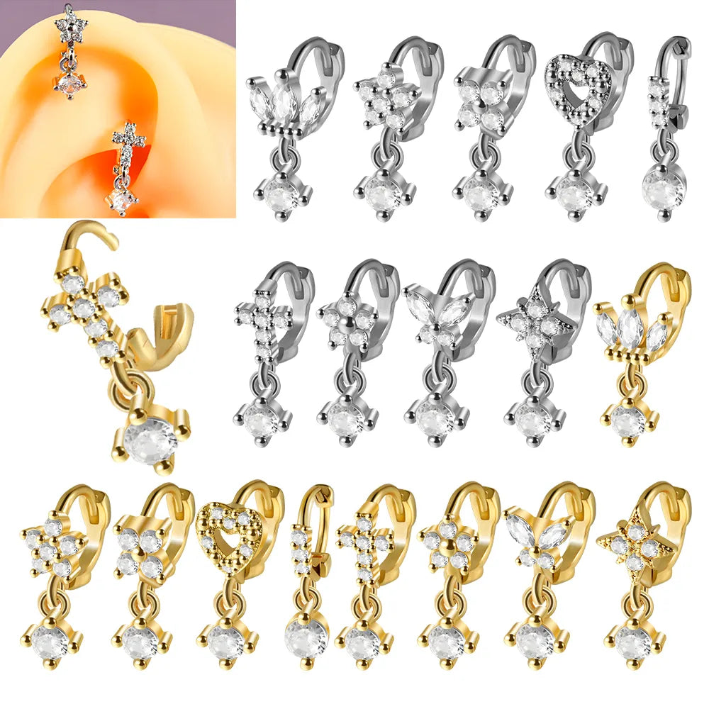 ladies earrings with diamond studs -1 Piece Casual Hawaiian Tropical Cross Heart Shape Flower Plating Inlay Copper Zircon 18K Gold Plated Drop Earrings Ear Clip Earrings